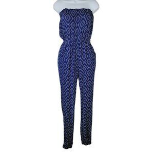 VICI Sz Small Strapless Jumpsuit Navy Blue Diamond Pattern Cuffed Leg Hem READ